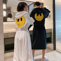 Smiley flannel couple nightgown long winter bathrobe plus velvet womens autumn and winter pajamas Coral velvet mens home clothes