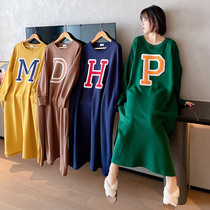 Letter night dress womens winter long over-the-knee loose large size pajamas Autumn and winter pregnant women can wear velvet thickened home clothes