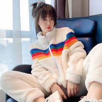 Rainbow Strip Coral Fleece Pajamas Set Womens Autumn and Winter Thickened Flannel Mens Internet Celebrities Can Wear Couples Homewear