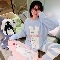Cartoon coral velvet pajamas womens winter long-sleeved thickened velvet autumn and winter Korean version of cute soft home clothes set