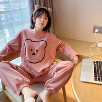 Bear pajamas womens spring and autumn long sleeves cute loose can be worn outside autumn and winter cotton round neck pullover home clothing suit