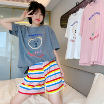 Letters Small Bear Sleepwear Womens Summer Short Sleeve Shorts Pure Cotton Cute Korean Version Loose Suit can be worn outside the home