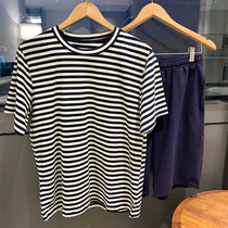 Striped Pyjamas Men Summer Pure Cotton Loose Short Sleeves Shorts Thin size Exterior Wear Neutral home Suits Suit