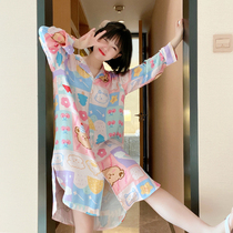 Strawberry bear cardigan nightgown Women summer long sleeve cotton silk cute Korean pajamas spring and autumn thin loose home clothes