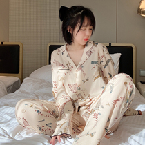 Flower and bird printing retro cardigan long-sleeved long pajamas womens spring and autumn suit cotton silk winter net red thin section home service
