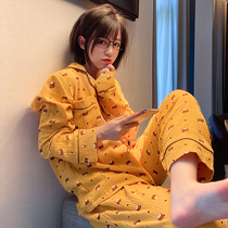 Bear pajamas womens spring and autumn long-sleeved cotton cardigan thin section double gauze Korean version of cute cotton yarn home dress set