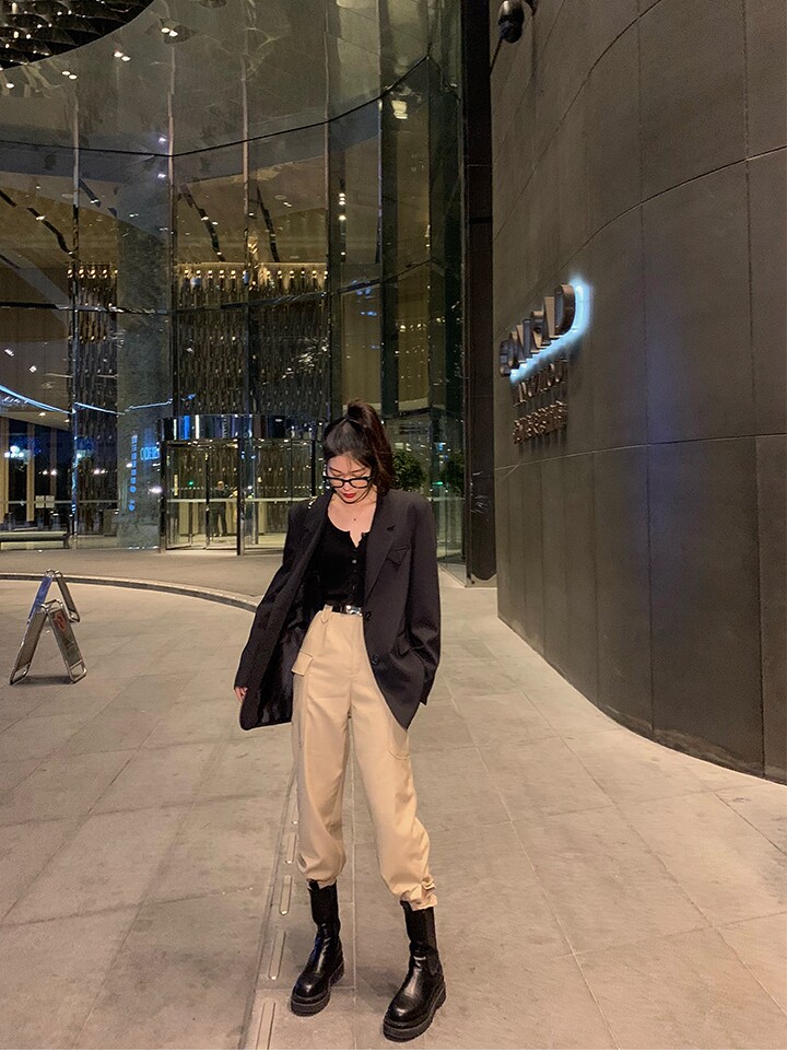 晶爷 显瘦高腰宽松直筒工装裤