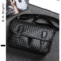 BOMaple woven shoulder bag mens genuine leather front layer cowhide casual business cross-body bag large capacity computer bag