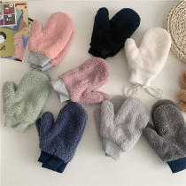 Soft girl hipster solid color lamb wool plush gloves female finger neck Joker plus velvet thickened warm Men Winter