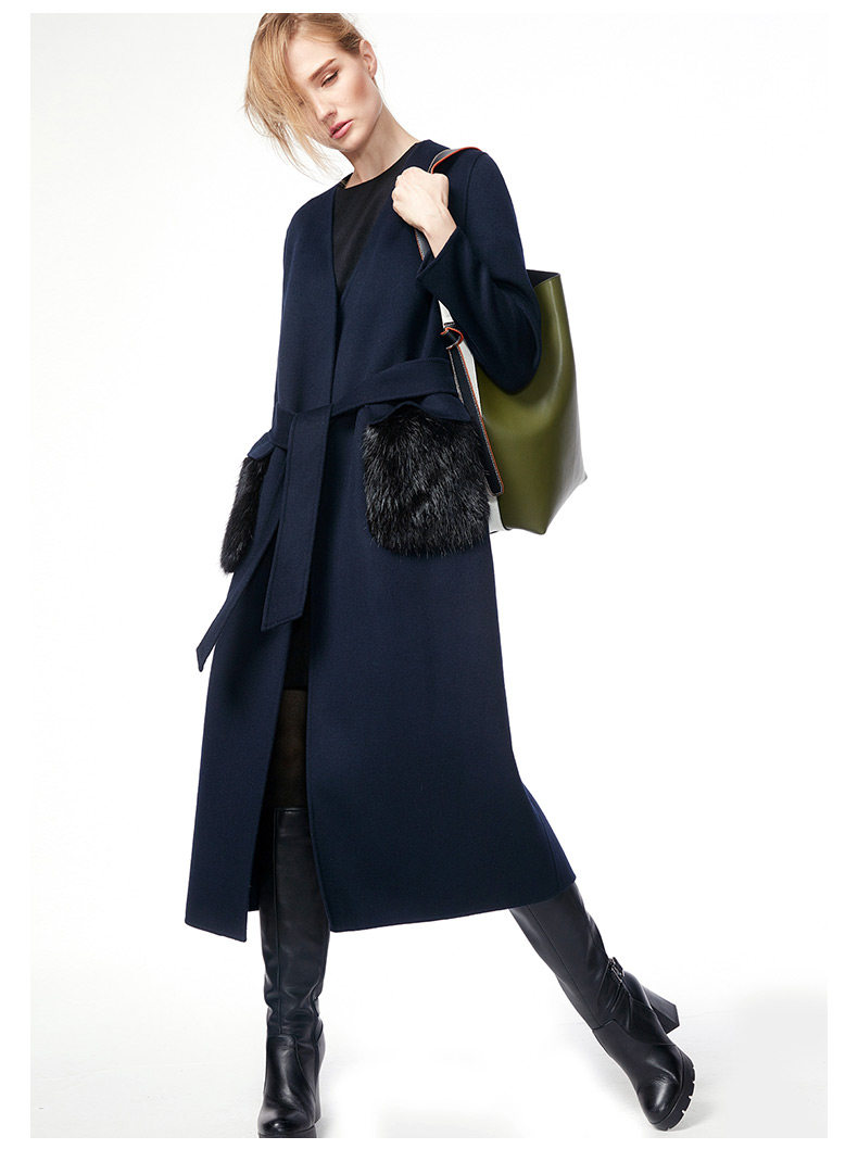 弗洛拉2017秋装新款高端奢华口袋海狸毛双面呢大衣女长款羊毛大衣