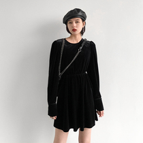 CHICVEN annual meeting New Year dress retro bubble sleeve waist care machine velvet dress a short skirt
