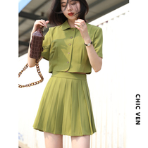 CHICVEN Filter Reality Reality Age Age Short Sleeve Shirt Pleated Skirt Set Women Summer