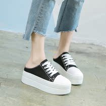 Spring new thick bottom pine pastry with canvas breathable semi-slipper Female Baotou lacing heightening outside wearing a foot pedal sloth shoe