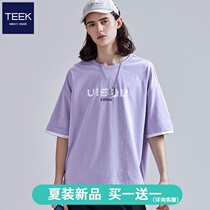 (National tide new products buy 1 get 1 free)Fake two short-sleeved t-shirt mens 2021 summer cotton five-and-a-half-sleeve couples outfit