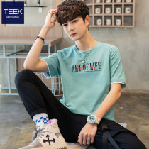 TEEK Mint Green Cotton Short Sleeve T - shirt Men Trend Students on Summer Tide Book Book Two Half Sleeves