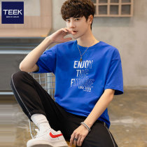 Klein blue T-shirt mens clothing short sleeves pure cotton 2022 Summer new teen loose tide cards half sleeves clothes