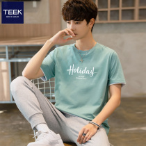 TEEK fake two pieces pure cotton man short sleeve T-shirt 2022 teenagers summer currents ins Chains Tide Mint Green clothes