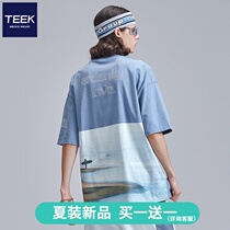 (National tide new products buy 1 get 1 free)Pure cotton short-sleeved t-shirt mens 2021 summer couple back printed 5-point top