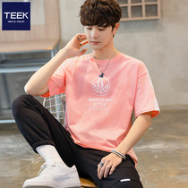 TEEK Summer Pink Pure Cotton Men Short Sleeves T-shirt Easy Ram Color Splicing Design Trends 5 50% Sleevs Half Sleeves