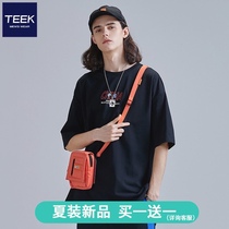 (Buy 1 get 1 free)Pure cotton mens short-sleeved T-shirt personality text back printing five-point mid-sleeve shirt