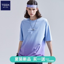 (National trend new product buy 1 get 1 free)gradient color t-shirt short-sleeved mens 2021 summer new hanging dye 5 points middle sleeve