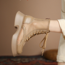 2022 genuine leather new Martin boots female summer thin net boots hollowed-out short boots thick bottom square head breathable boots Single boot