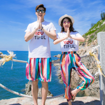 Beach lovers summer clothes men and women large size short-sleeved printed T-shirt womens nine-point pants beach pants seaside vacation suit