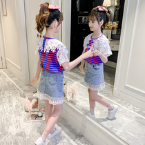 Two-piece sets of girls summer suit 10-year-old childrens big childrens net red air striped tops for fashionable cowboys