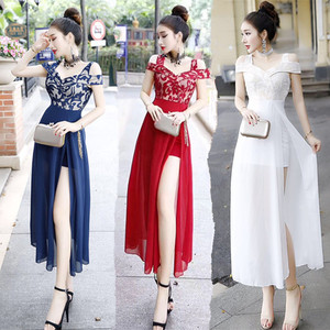 one shoulder collar sexy double skew shoulder lace chiffon dress 