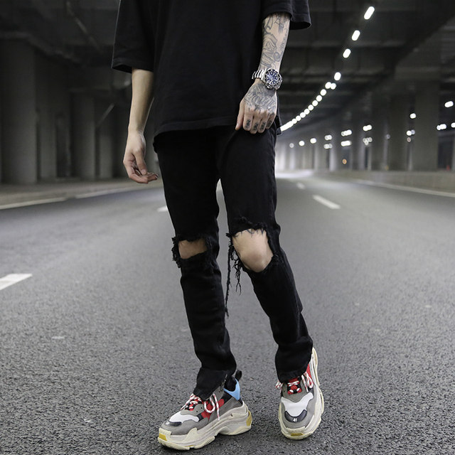FOG classic ripped zipper jeans kanye high street fashion men's all-match black slim-fit jeans FOG classic ripped zipper jeans kanye high street fashion men's all-match black slim-fit jeans