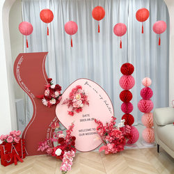 Wedding decorations, high-end pink background, KT board photo arrangement, living room happy words, honeycomb ball column, simulated flowers