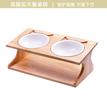 Cat Bowl Solid Wood Table Bowl Rack Ceramic Double Bowl Three Lian Bowl Cat Rice Basin Protection Cervical Spine Personality Pet Kitty Supplies
