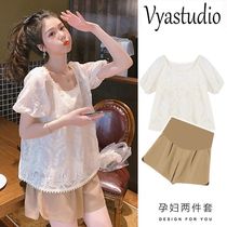High-grade pregnant womens summer suit Korean summer short sleeve lace loose top shorts Net red summer two-piece set