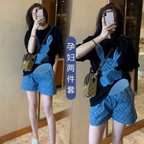 Pregnant womens summer suit fashion new Korean short sleeve Net Red Tide plus size sports summer thin shorts two-piece set