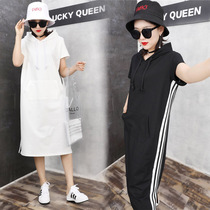 2021 summer hooded short sleeve super long shirt T-shirt skirt womens loose knee extended pullover dress