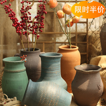 New Chinese style handmade pottery jar coarse pottery multi-meat flower pot retro swing piece vase flower ware clay pottery jar tile inserted dry flower