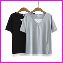 Foreign trade tail single size womens fat mm fake two pieces of V-neck loose belly belly short sleeve T-shirt summer pullover top