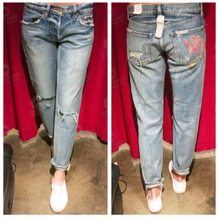 女装2件包邮 日系m玫瑰印花破洞水洗直筒牛仔裤 16春夏女装 显瘦