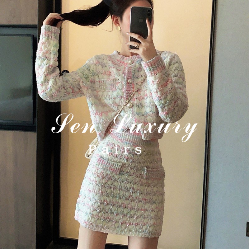 sandro asw Xiangfeng knitted suit women early spring Korean temperament slim cardigan two-piece sweater skirt