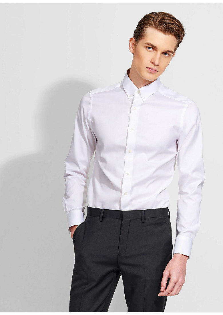 hlcoman元本 暗扣尖领津纺衬衫 秋季男士商务修身棉透气正装长袖衬衣