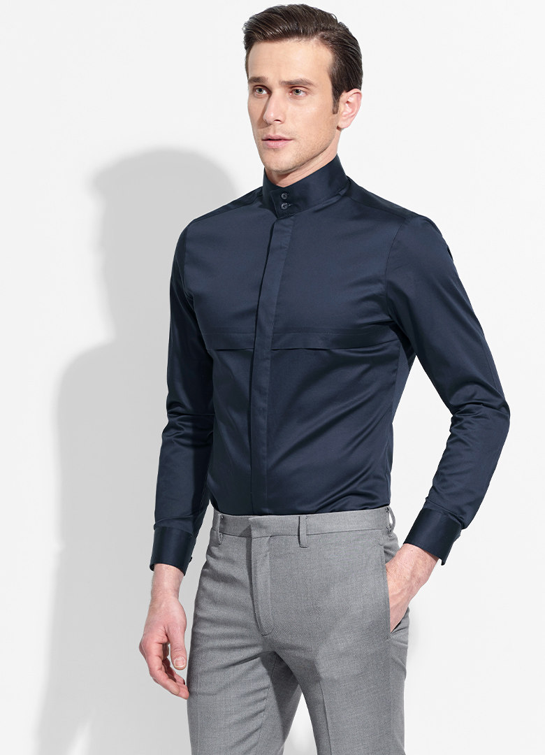 新款中国风商务高立领衬衫男士长袖衬衣时尚拼接修身