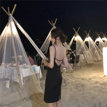 Beach dress womens seaside holiday skirt summer dress sexy backless skirt black suspender dress small black dress Super fairy