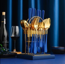 Creative stainless steel Western restaurant knife fork and spoon Golden steak knife and fork Household main fork with shelf knife fork and spoon set