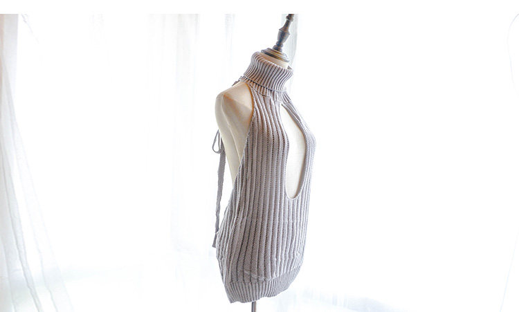 露背毛衣团子女一字横开胸处男杀手连体系带连接高领性感工口毛衣