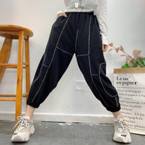 Bright line design casual drawstring overalls ins tide high waist loose thin radish pants stitching Harun trousers women