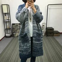 Literary lazy wind sweater loose thin medium-long female coat fat MM autumn and winter thickened long coarse wool cardigan