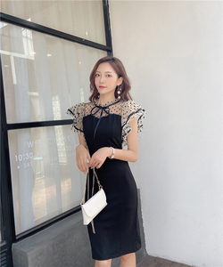 Model 9406 takes a real picture of the new black slim sexy long dress， temperament wave point medium long dress