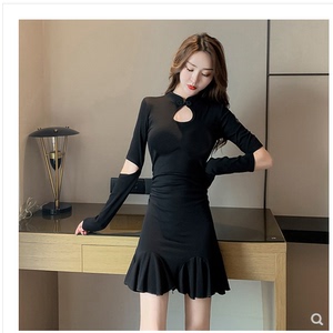 New retro and improved cheongsam waistband Ruffle Long Sleeve Dress