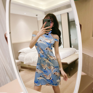 Sexy nightclub printed off shoulder daily cheongsam dress