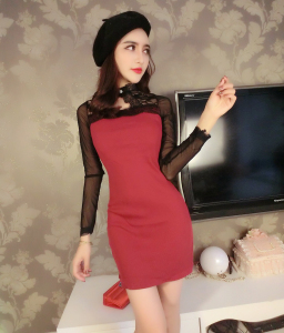 Autumn winter tight buttock fashion long sleeve bottom knitted mesh low cut dress